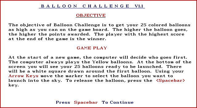 Balloon Challenge IBM PC/Compatibles Screenshot: Instructions, part 1.