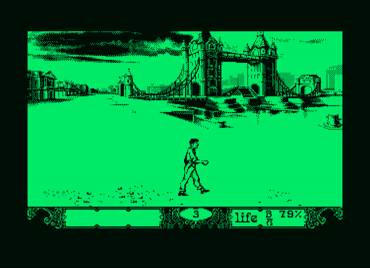 Bob Winner Amstrad PCW Screenshot: There are a variety of background graphics in the game.