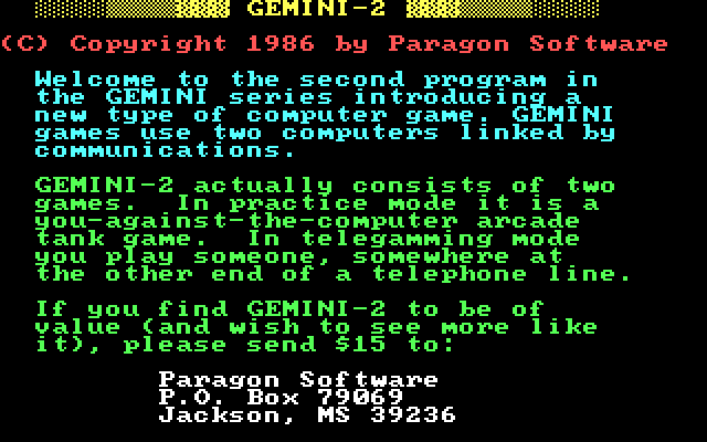 Gemini-2 IBM PC/Compatibles Screenshot: Title screen and introduction.