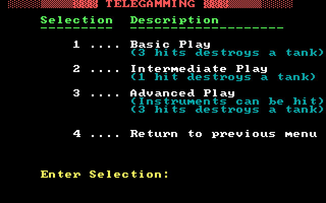 Gemini-2 IBM PC/Compatibles Screenshot: Telegamming menu.