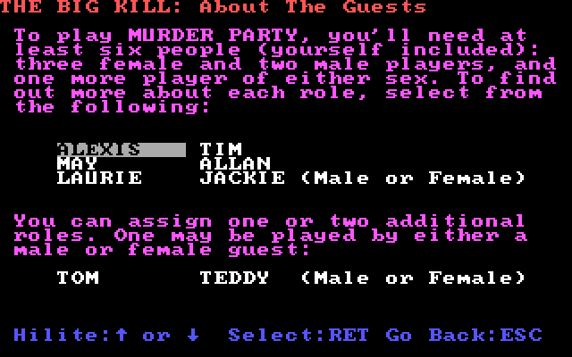 Make Your Own Murder Party IBM PC/Compatibles Screenshot: View information on the characters for this story.