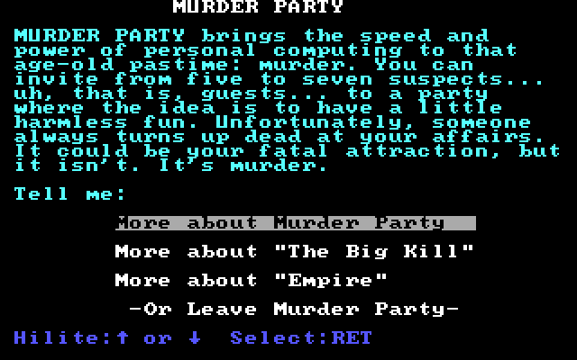 Make Your Own Murder Party IBM PC/Compatibles Screenshot: The main menu.