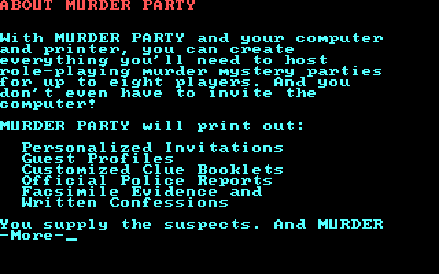 Make Your Own Murder Party IBM PC/Compatibles Screenshot: About murder party...