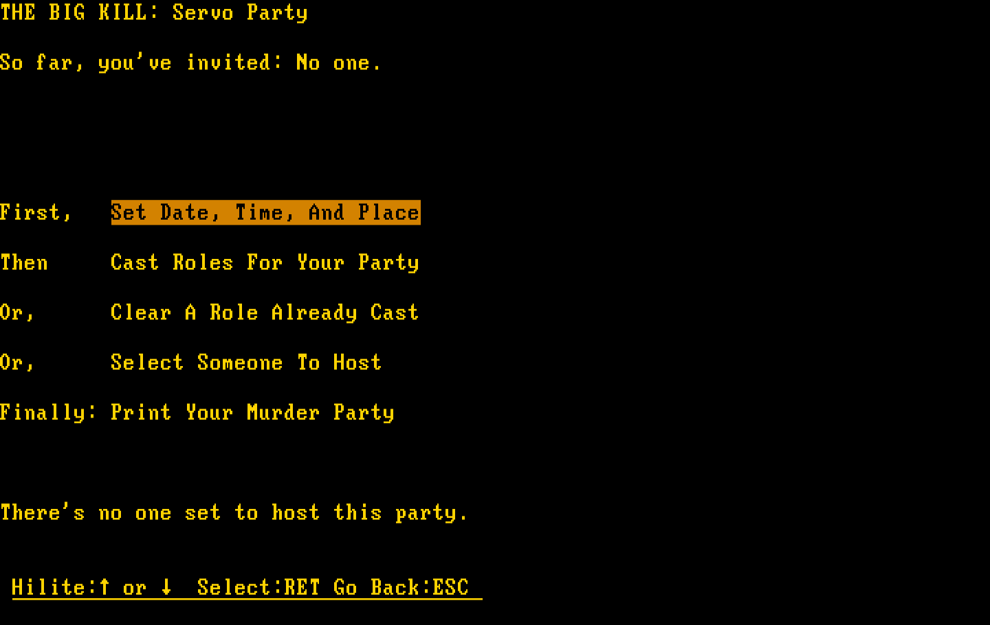Make Your Own Murder Party IBM PC/Compatibles Screenshot: Party setup menu.