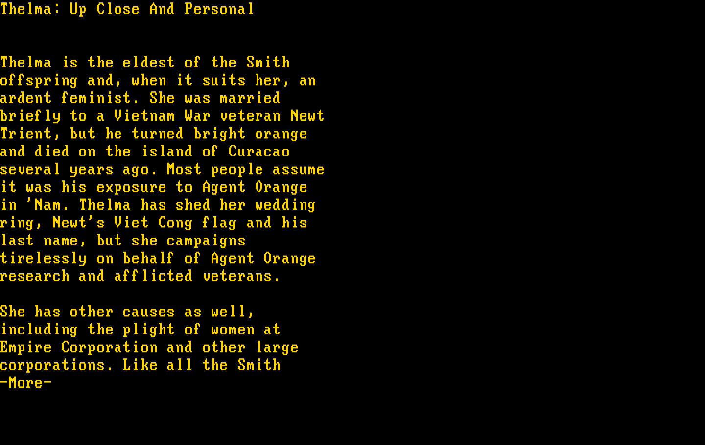 Make Your Own Murder Party IBM PC/Compatibles Screenshot: Character bio for Thelma.