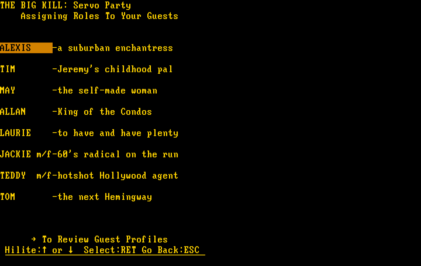 Make Your Own Murder Party IBM PC/Compatibles Screenshot: Assign characters to guests.