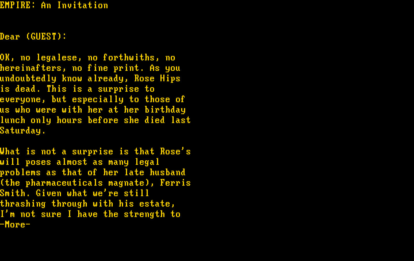 Make Your Own Murder Party IBM PC/Compatibles Screenshot: Start of the Empire invitation.