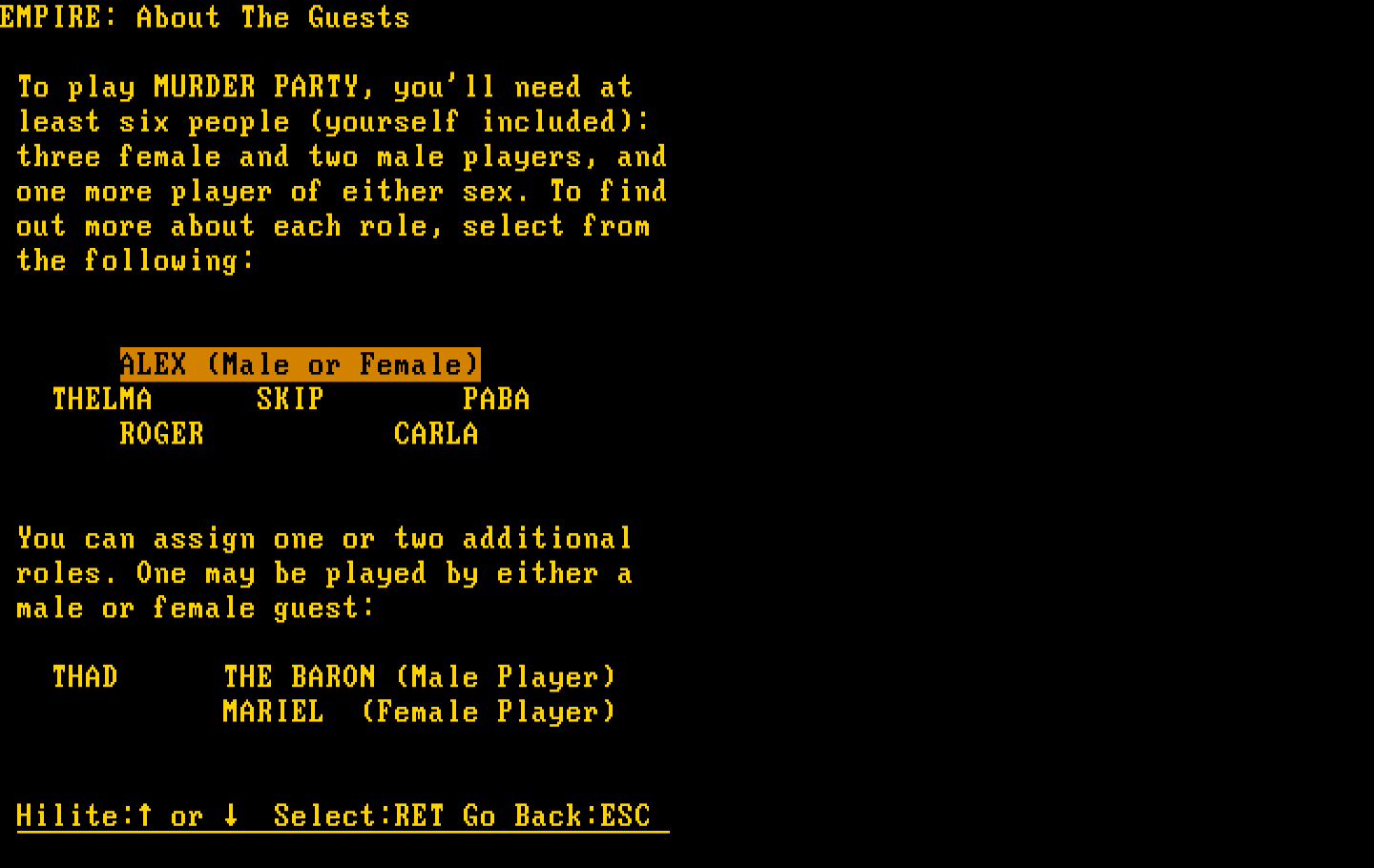 Make Your Own Murder Party IBM PC/Compatibles Screenshot: Here are the characters you'll need for Empire.