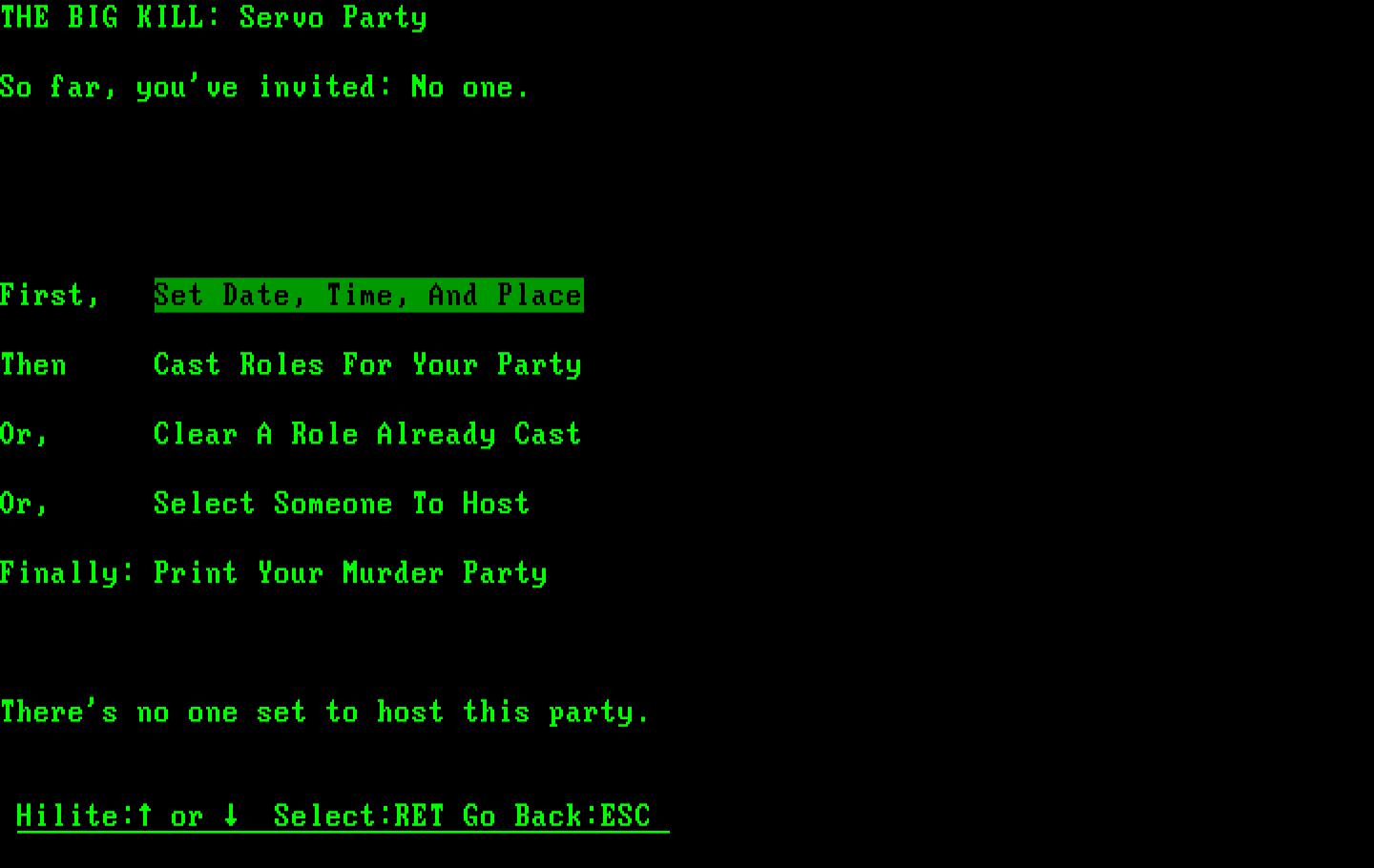 Make Your Own Murder Party IBM PC/Compatibles Screenshot: Party setup menu.