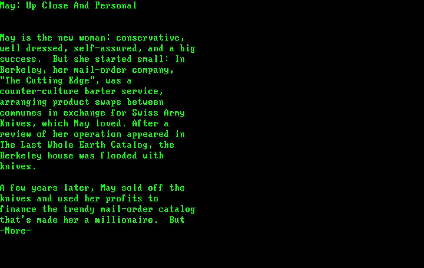 Make Your Own Murder Party IBM PC/Compatibles Screenshot: Character bio for May.
