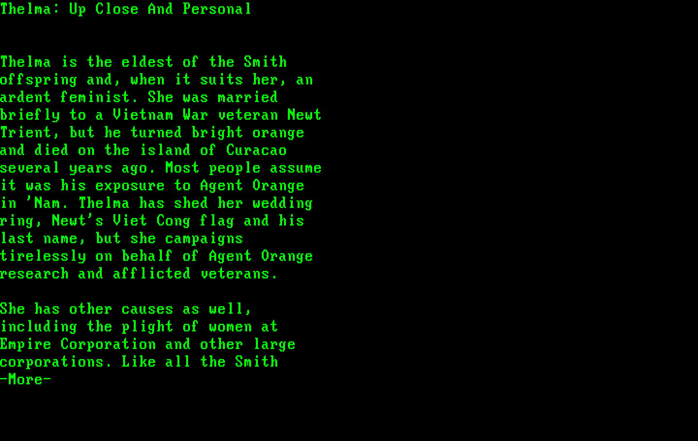 Make Your Own Murder Party IBM PC/Compatibles Screenshot: Character bio for Thelma.