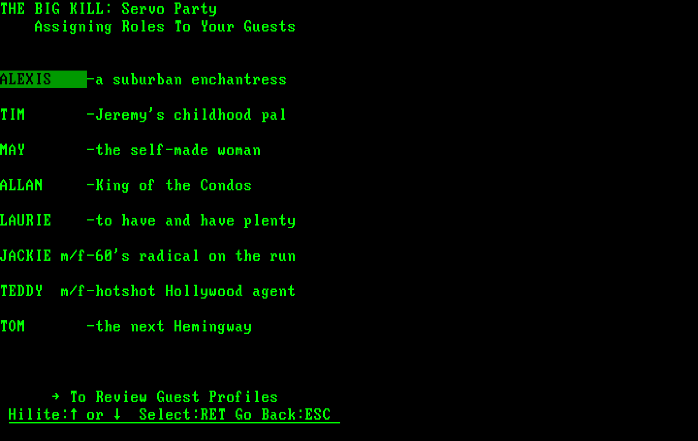 Make Your Own Murder Party IBM PC/Compatibles Screenshot: Assign characters to guests.