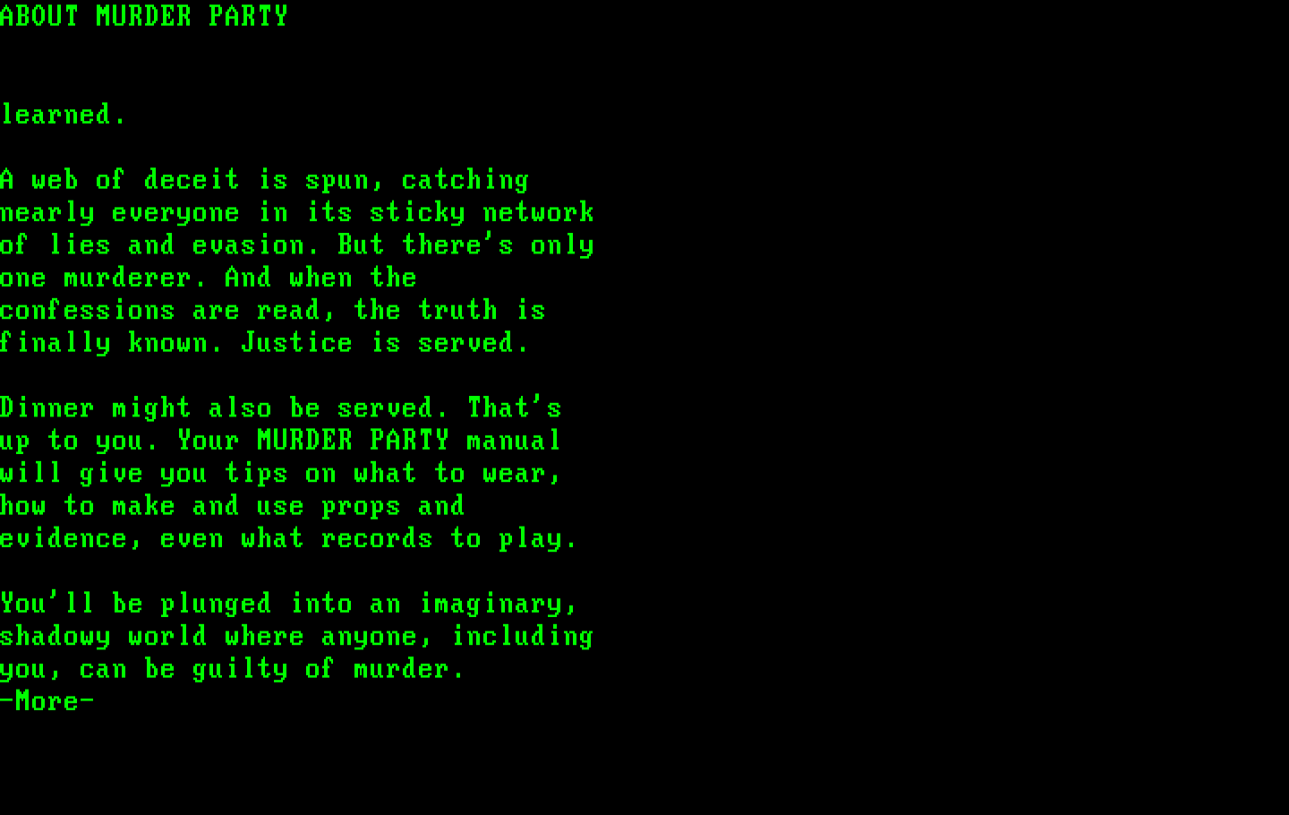 Make Your Own Murder Party IBM PC/Compatibles Screenshot: Information continued...
