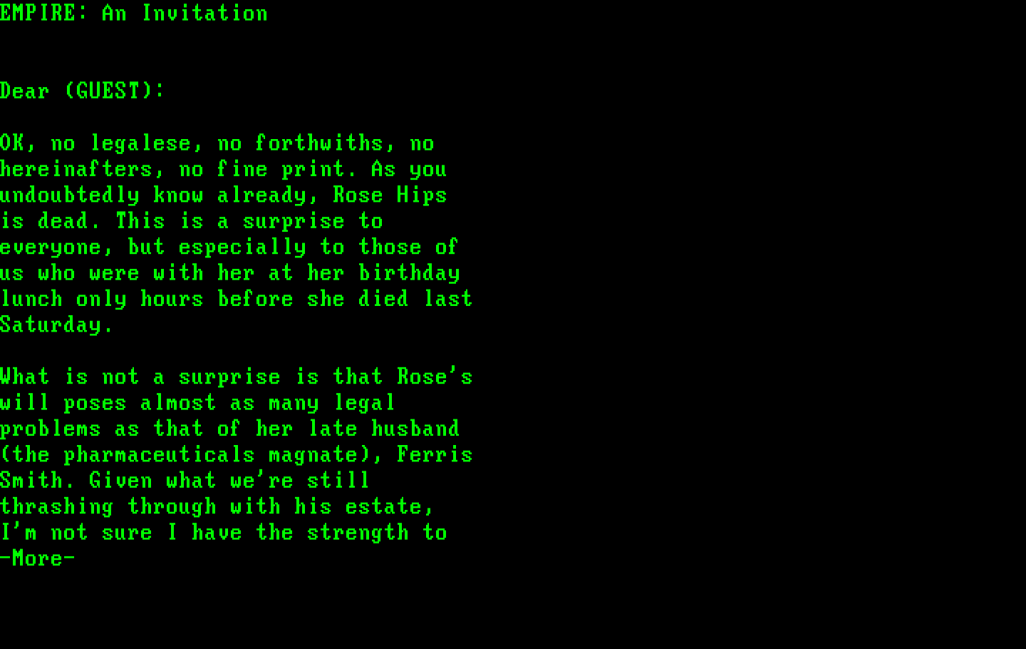 Make Your Own Murder Party IBM PC/Compatibles Screenshot: Start of the Empire invitation.