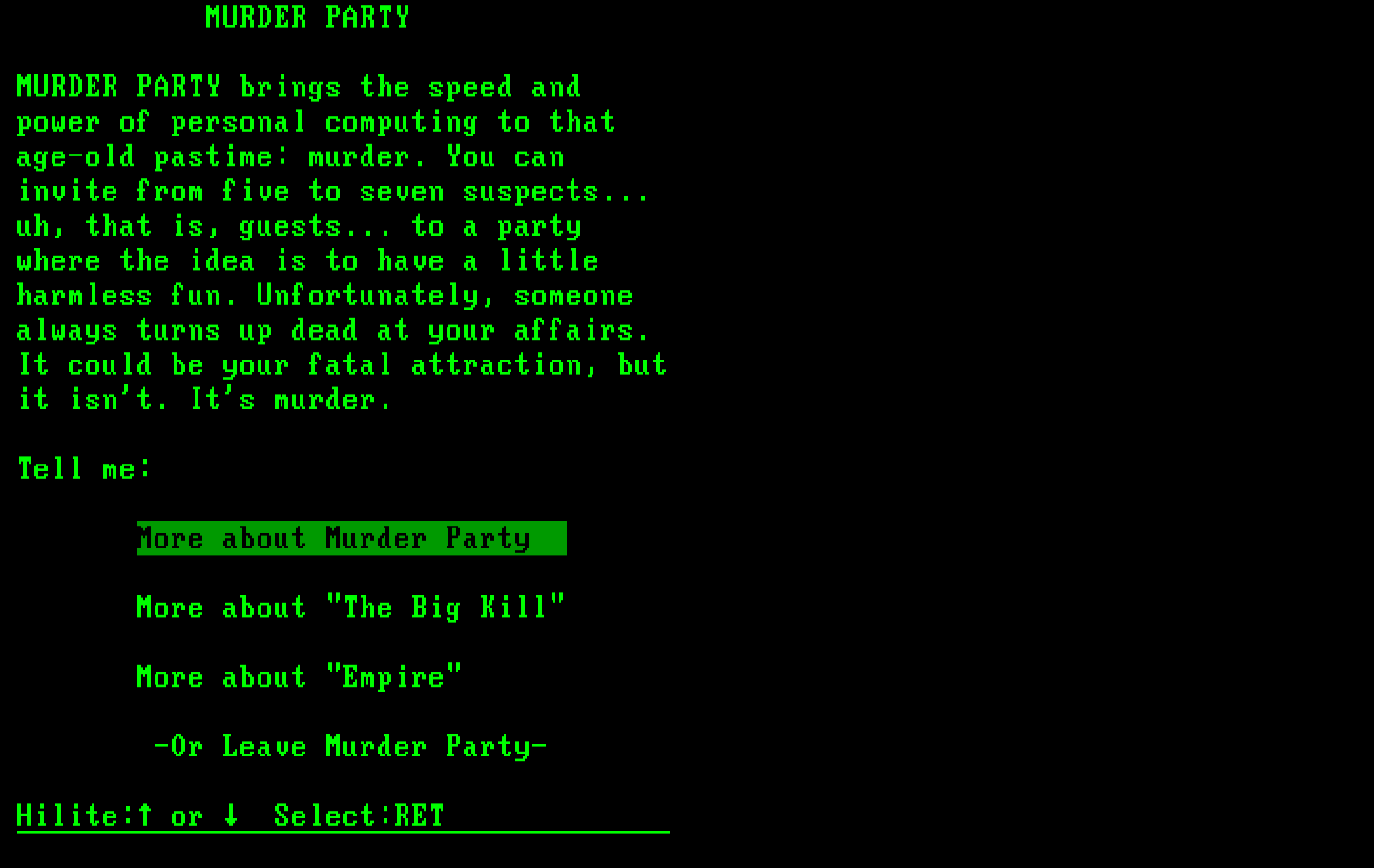Make Your Own Murder Party IBM PC/Compatibles Screenshot: The main menu.