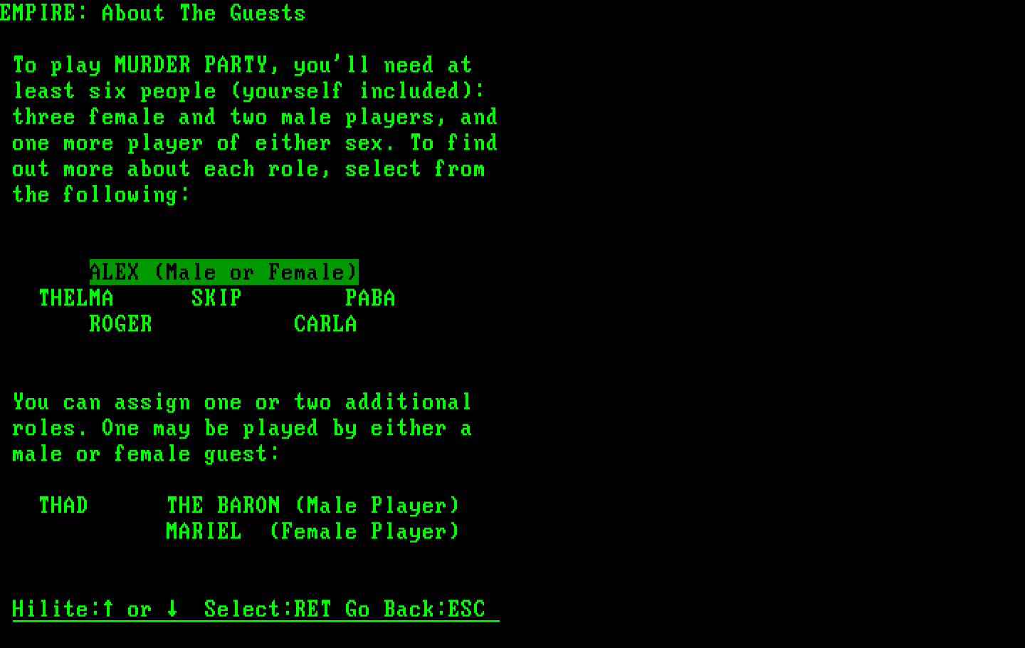 Make Your Own Murder Party IBM PC/Compatibles Screenshot: Here are the characters you'll need for Empire.