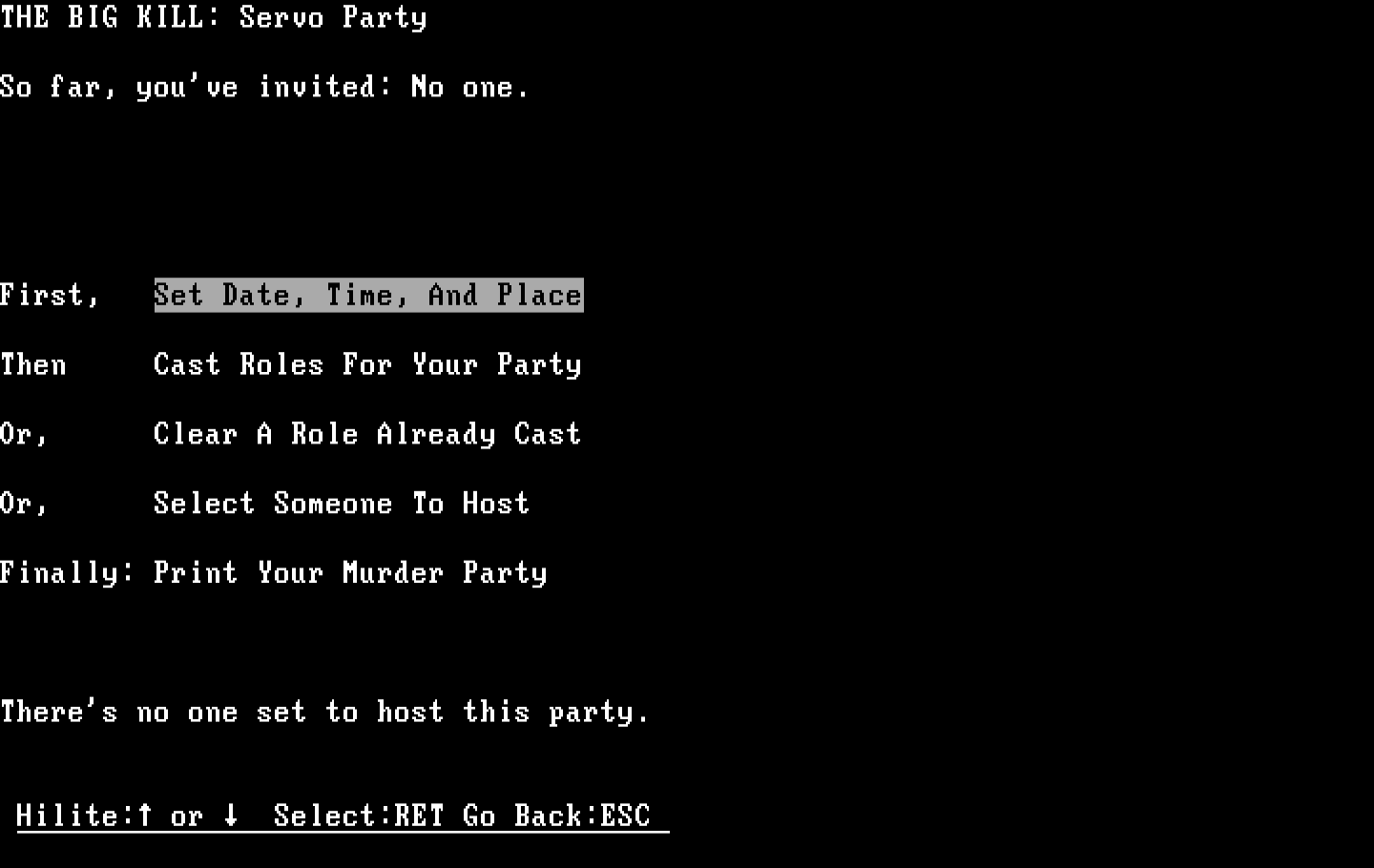 Make Your Own Murder Party IBM PC/Compatibles Screenshot: Party setup menu.