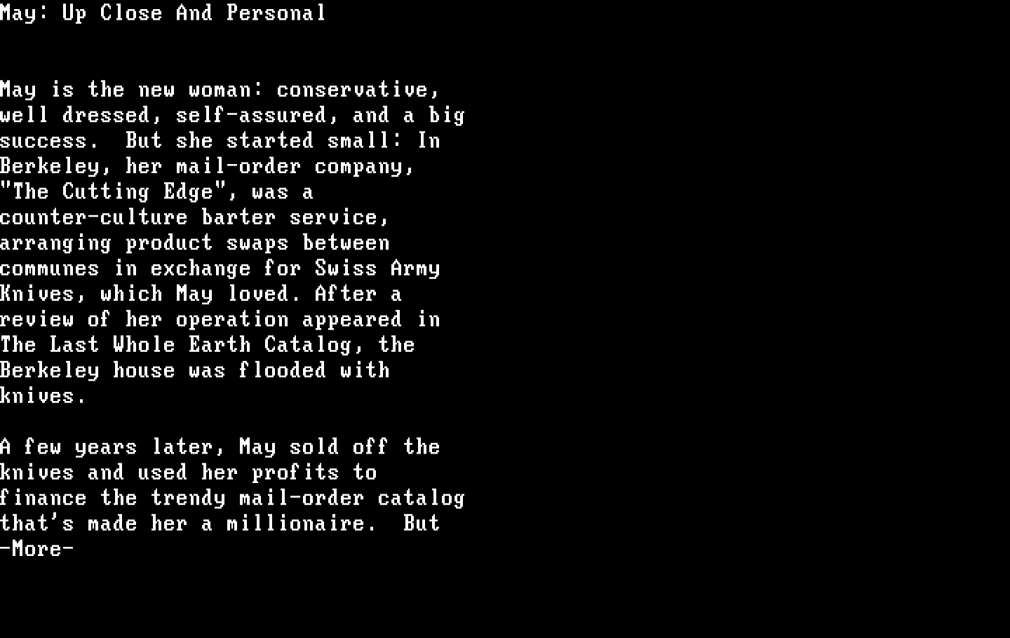 Make Your Own Murder Party IBM PC/Compatibles Screenshot: Character bio for May.