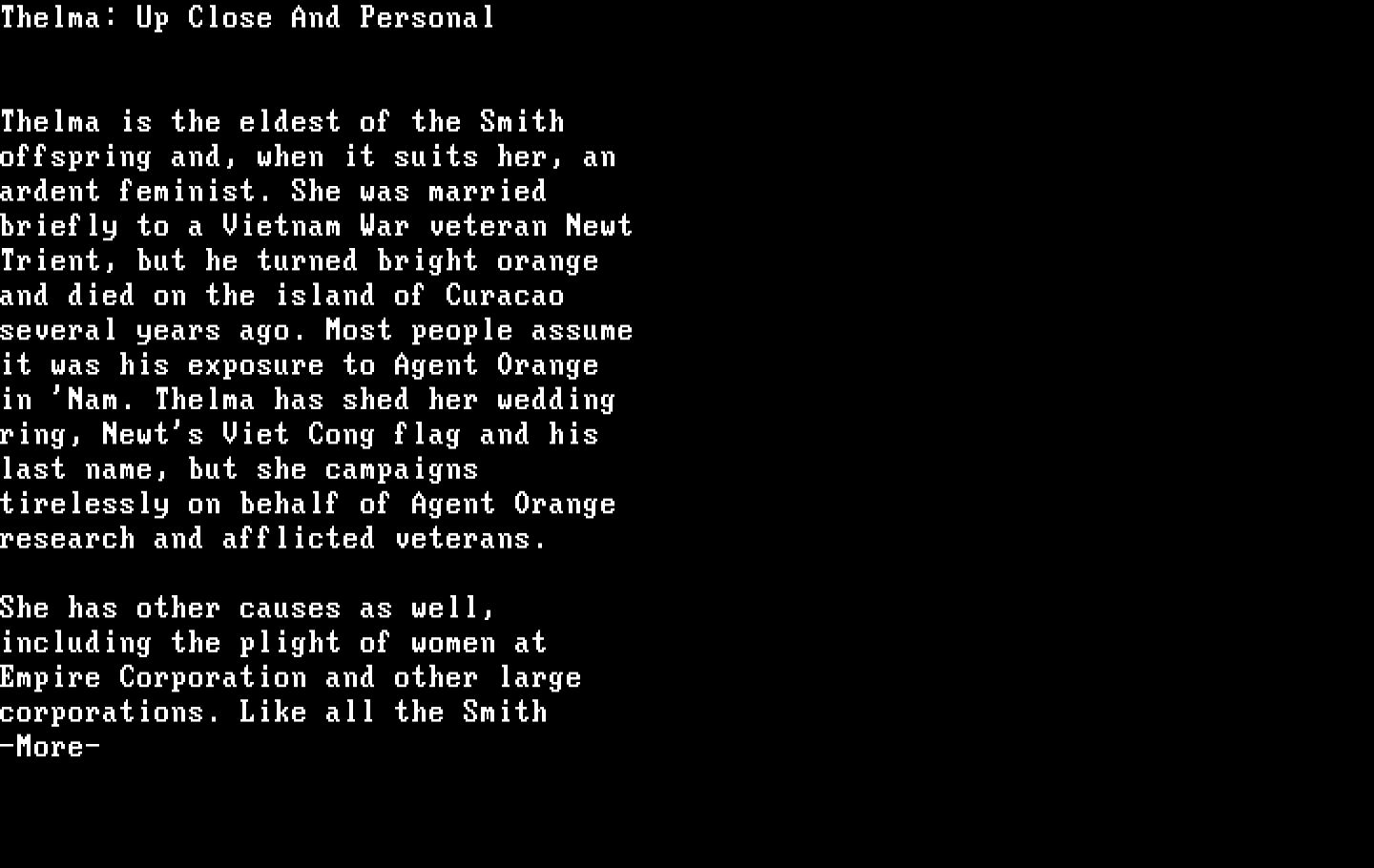 Make Your Own Murder Party IBM PC/Compatibles Screenshot: Character bio for Thelma.