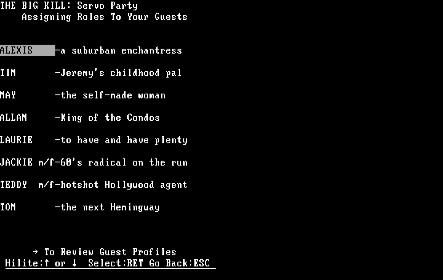 Make Your Own Murder Party IBM PC/Compatibles Screenshot: Assign characters to guests.