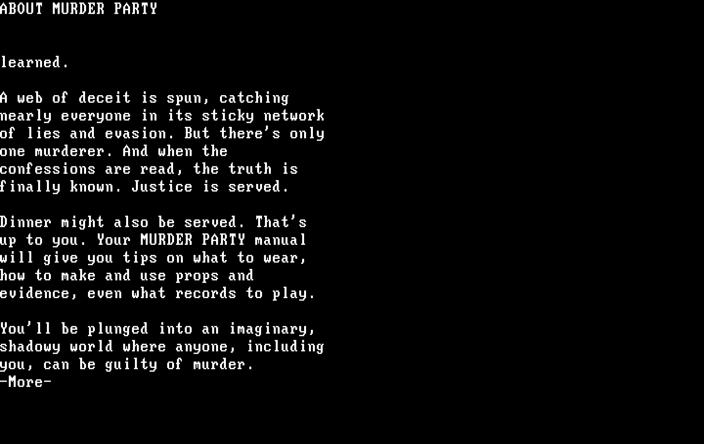 Make Your Own Murder Party IBM PC/Compatibles Screenshot: Information continued...