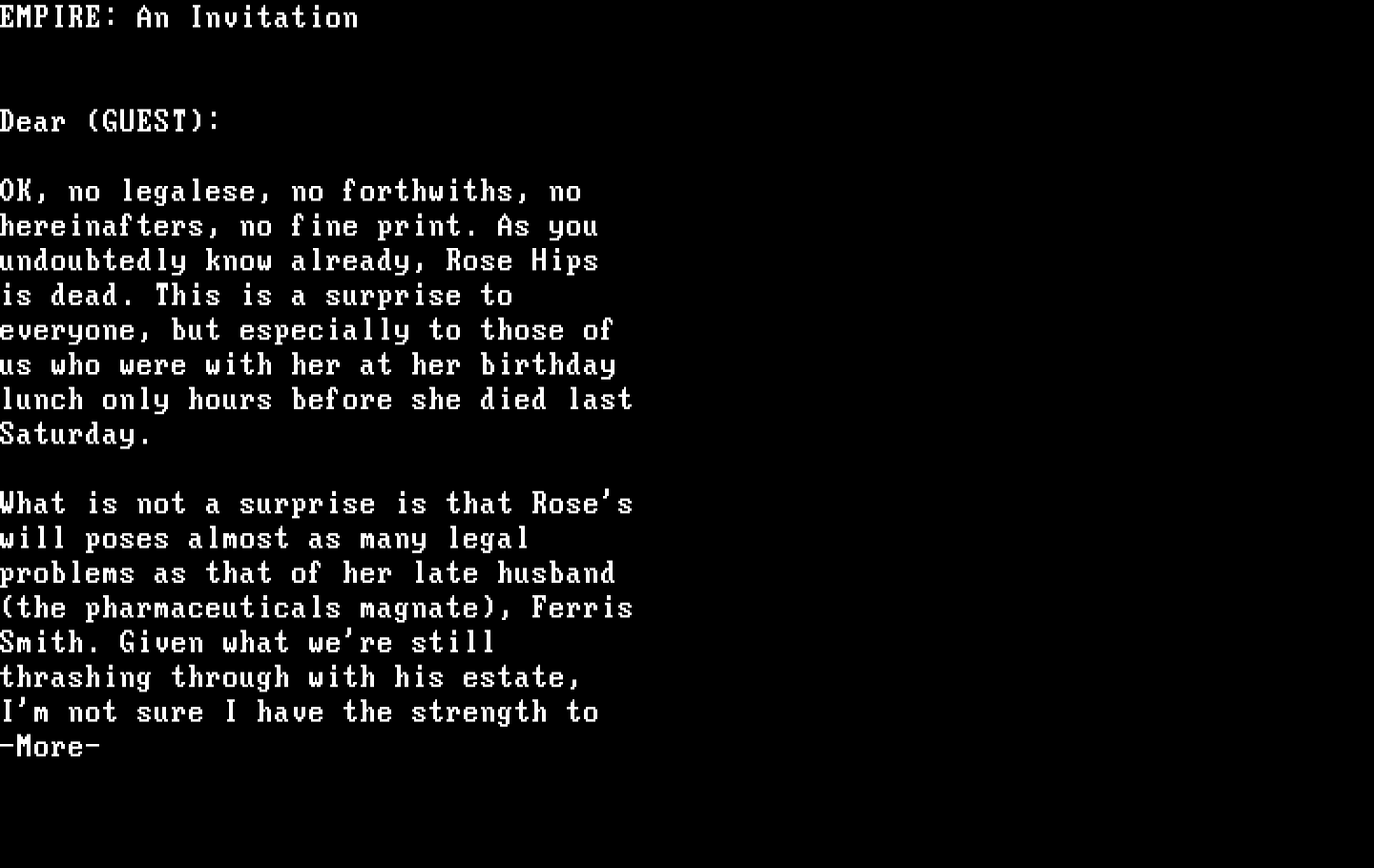 Make Your Own Murder Party IBM PC/Compatibles Screenshot: Start of the Empire invitation.