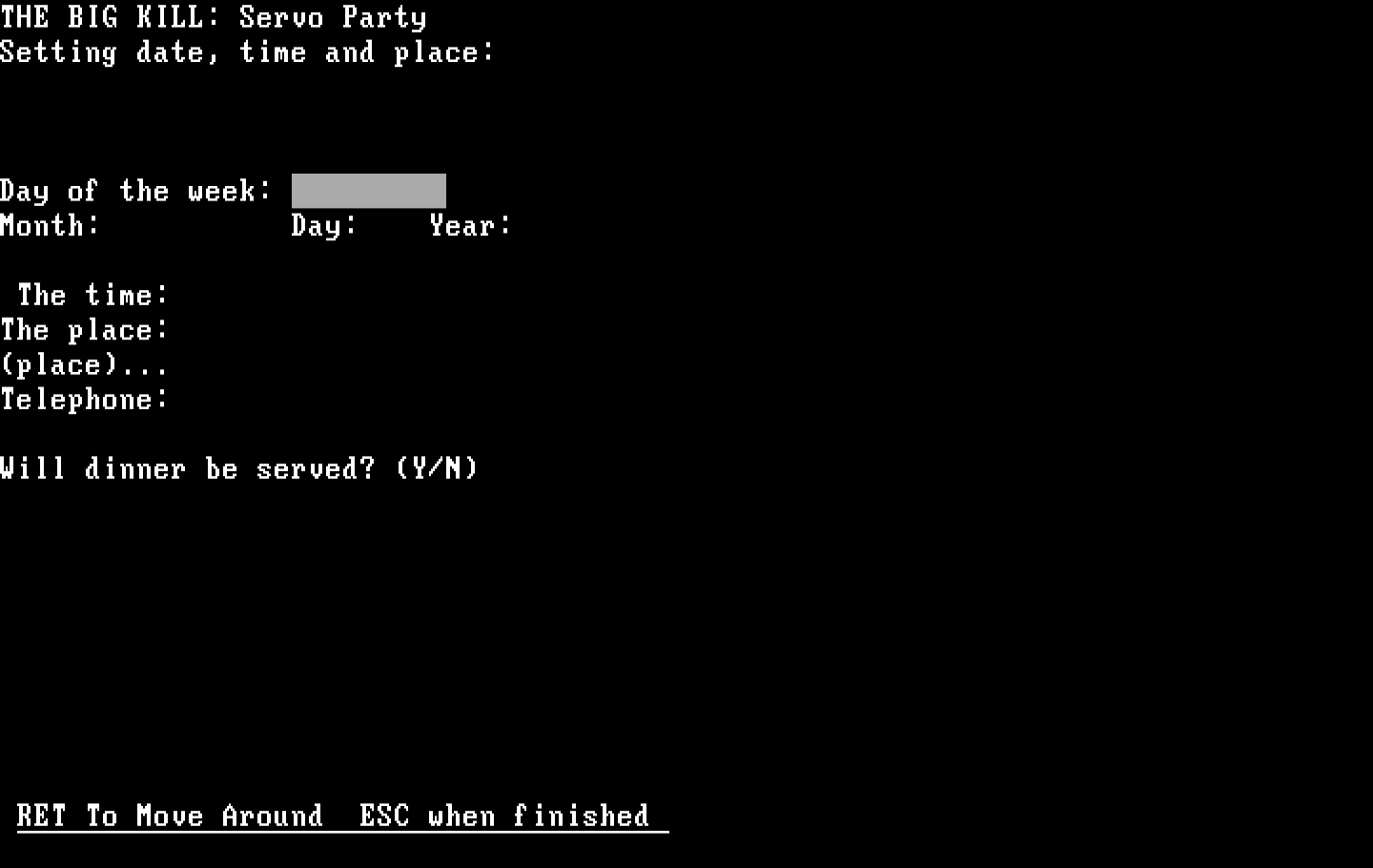 Make Your Own Murder Party IBM PC/Compatibles Screenshot: Enter in a time and place.
