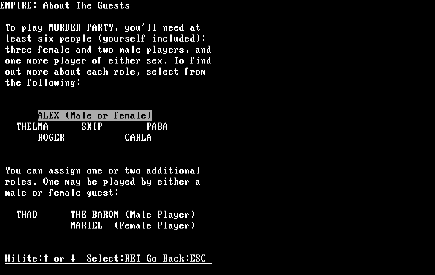 Make Your Own Murder Party IBM PC/Compatibles Screenshot: Here are the characters you'll need for Empire.