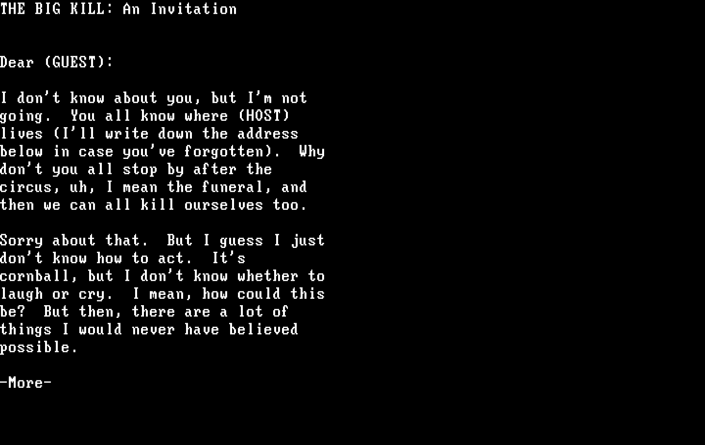 Make Your Own Murder Party IBM PC/Compatibles Screenshot: Preview what the invitation will look like.