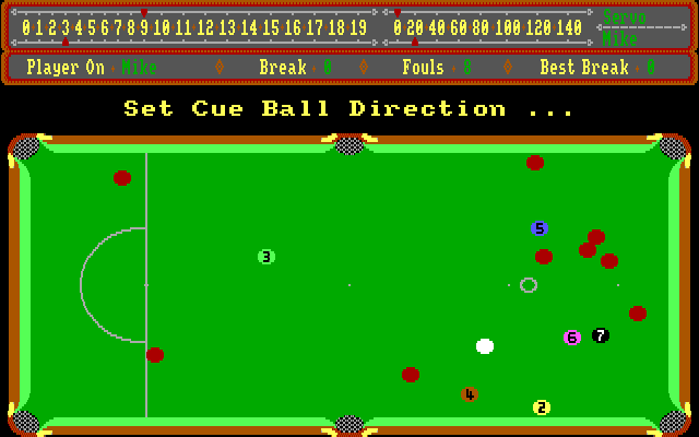 Alex Higgins' World Snooker IBM PC/Compatibles Screenshot: Setting the cue ball direction.