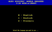 Alex Higgins' World Snooker for IBM PC/Compatibles - Select language.