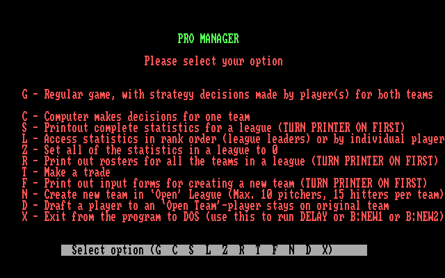 Pro Manager IBM PC/Compatibles Screenshot: The main menu.