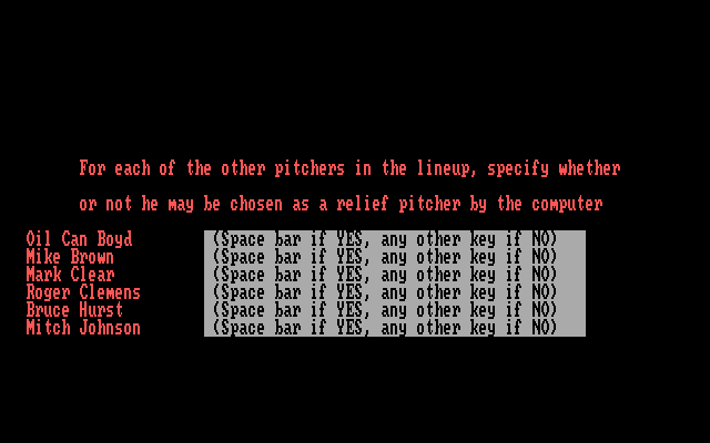 Pro Manager IBM PC/Compatibles Screenshot: Allow relief pitchers?