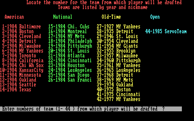 Pro Manager IBM PC/Compatibles Screenshot: Choose the team you wish to draft from.