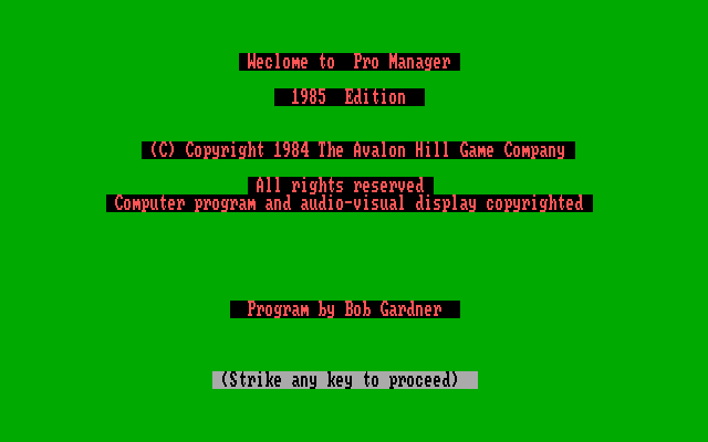Pro Manager IBM PC/Compatibles Screenshot: Title screen.