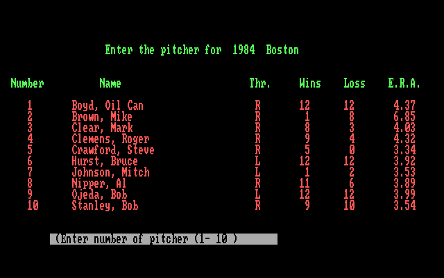 Pro Manager IBM PC/Compatibles Screenshot: Selecting pitchers.
