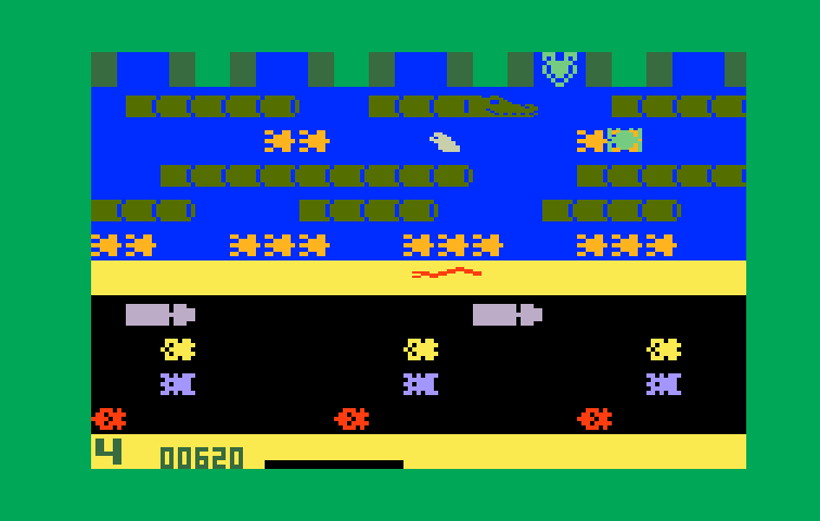 Frogger Intellivision Screenshot: Watch out for snakes and other dangerous creatures on more advanced levels!
