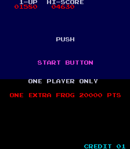 Frogger Arcade Screenshot: Coin inserted, push button to start...