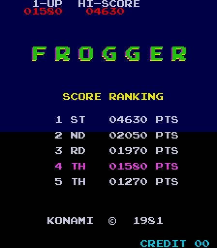 Frogger Arcade Screenshot: High score table.