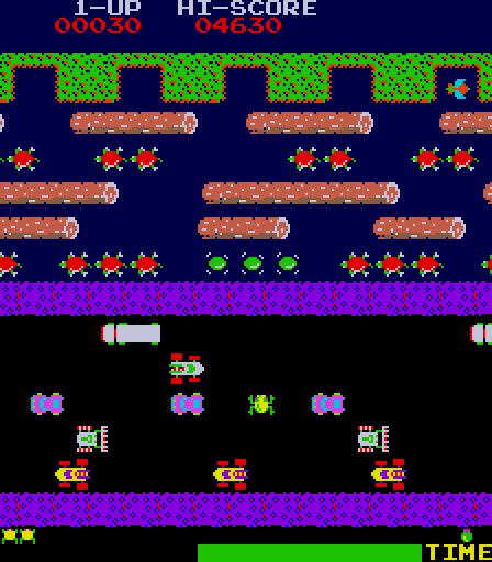 Frogger Arcade Screenshot: Game start; the frog crosses the road...