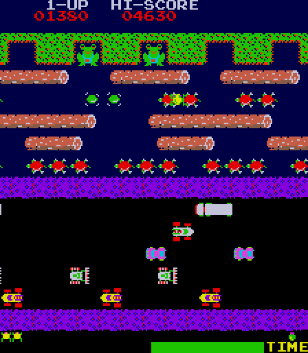 Frogger Arcade Screenshot: Guide your frog to one of the empty spaces...