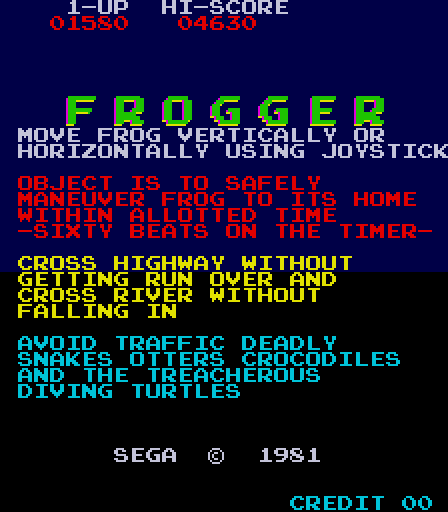 Frogger Arcade Screenshot: Updated revisions included gameplay instructions.