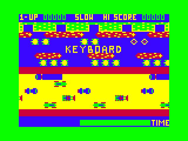 Frogger TRS-80 Color Computer Screenshot: Starting screen and game demo.