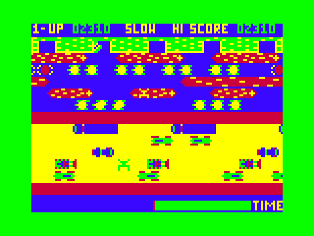 Frogger TRS-80 Color Computer Screenshot: Frog crossing the road...