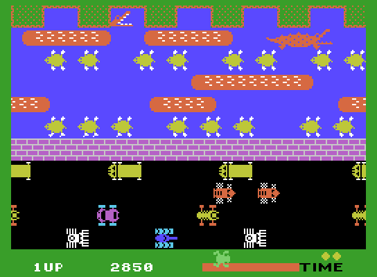 Frogger ColecoVision Screenshot: On the second level there are more cars and alligators!