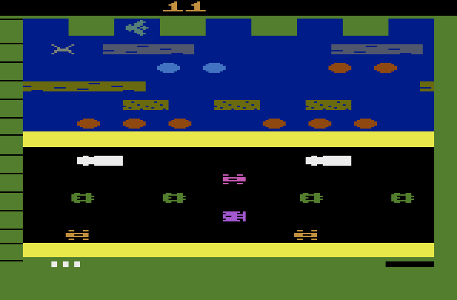 Frogger Atari 2600 Screenshot: Oops, my frog died; I jumped into the wall.