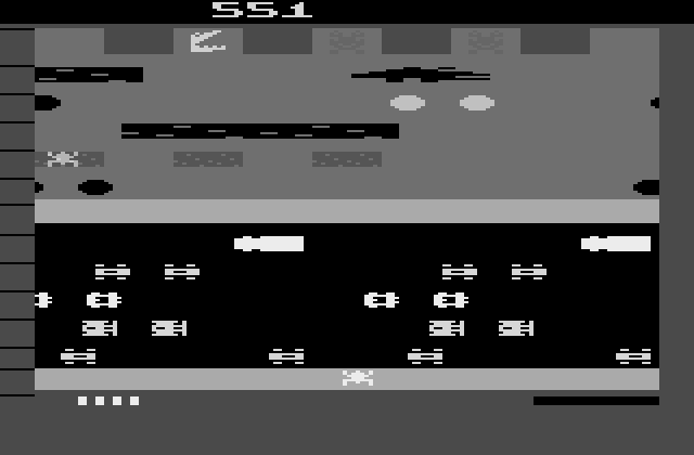 Frogger Atari 2600 Screenshot: Partway complete; I need to guide three more frogs across the screen.