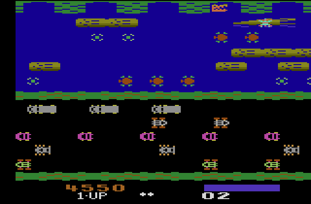 Frogger Atari 2600 Screenshot: You can ride on the alligators as long as you aren't near the mouth.
