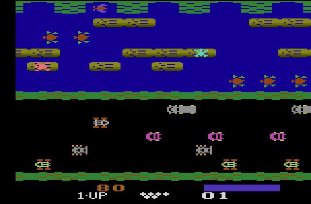 Frogger Atari 2600 Screenshot: Frog jumping across the river...
