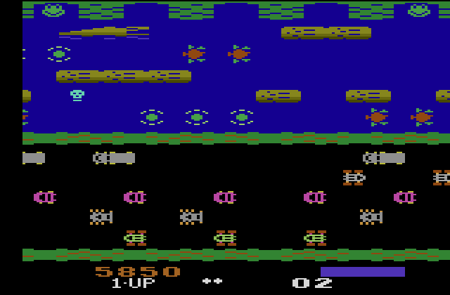 Frogger Atari 2600 Screenshot: Oops, my frog fell in the water!